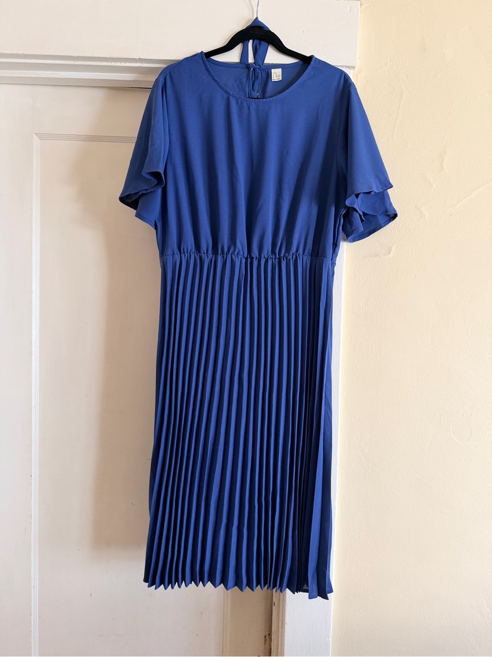 Blue Pleated Midi Dress Short Sleeve Keyhole Neck Size XL
